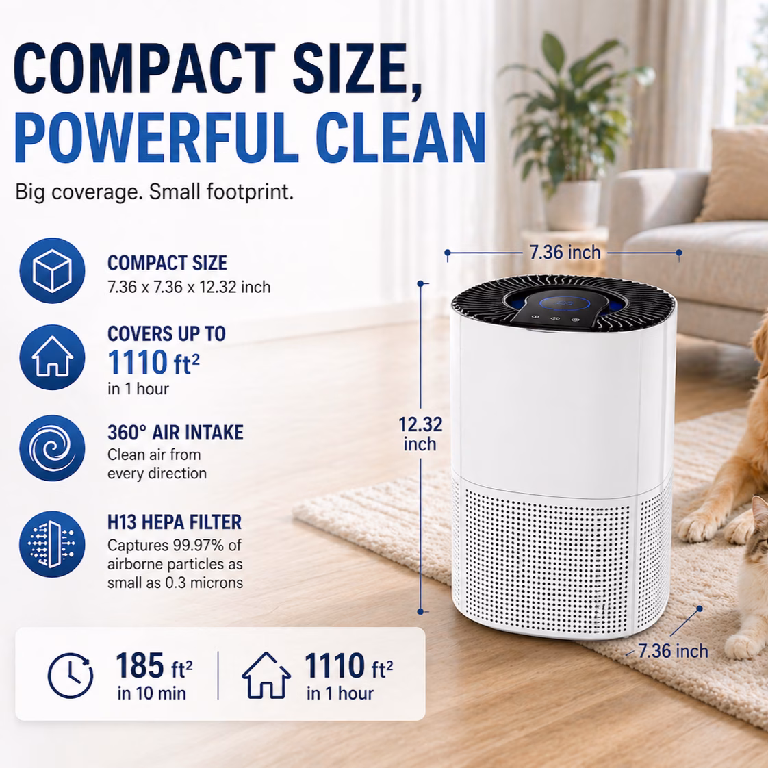 Bedroom Home Air Purifier, Up to 1110 Ft2&co...