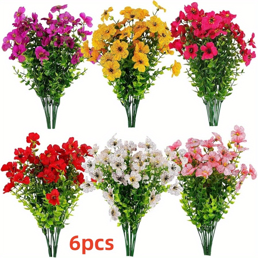 Image of 6 Bundles Vibrant Artificial Flower Bouquets - Colorful Eucalyptus & Violets For Indoor & Outdoor Decor, Home, Garden, Porch, And Yard, Artificial Outdoor Flowers