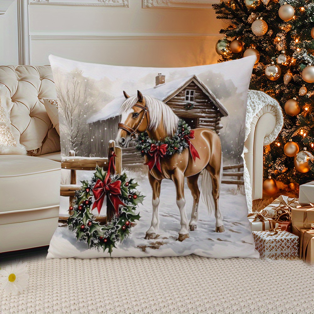Soft Horse And Christmas Wreath Pillowcase - Hidden Zipper, Single-sided Print, Plush Polyester Sofa Cushion Cover,…: retailer-supplied image