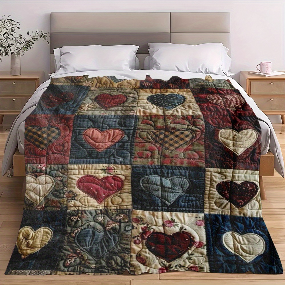 TEMU Colorful Heart Blanket - Cozy Polyester With Vibrant Red, Blue, And - Home, Camping, Or Outdoor Use - And Warmth, Blanket | Vibrant Quilt Design