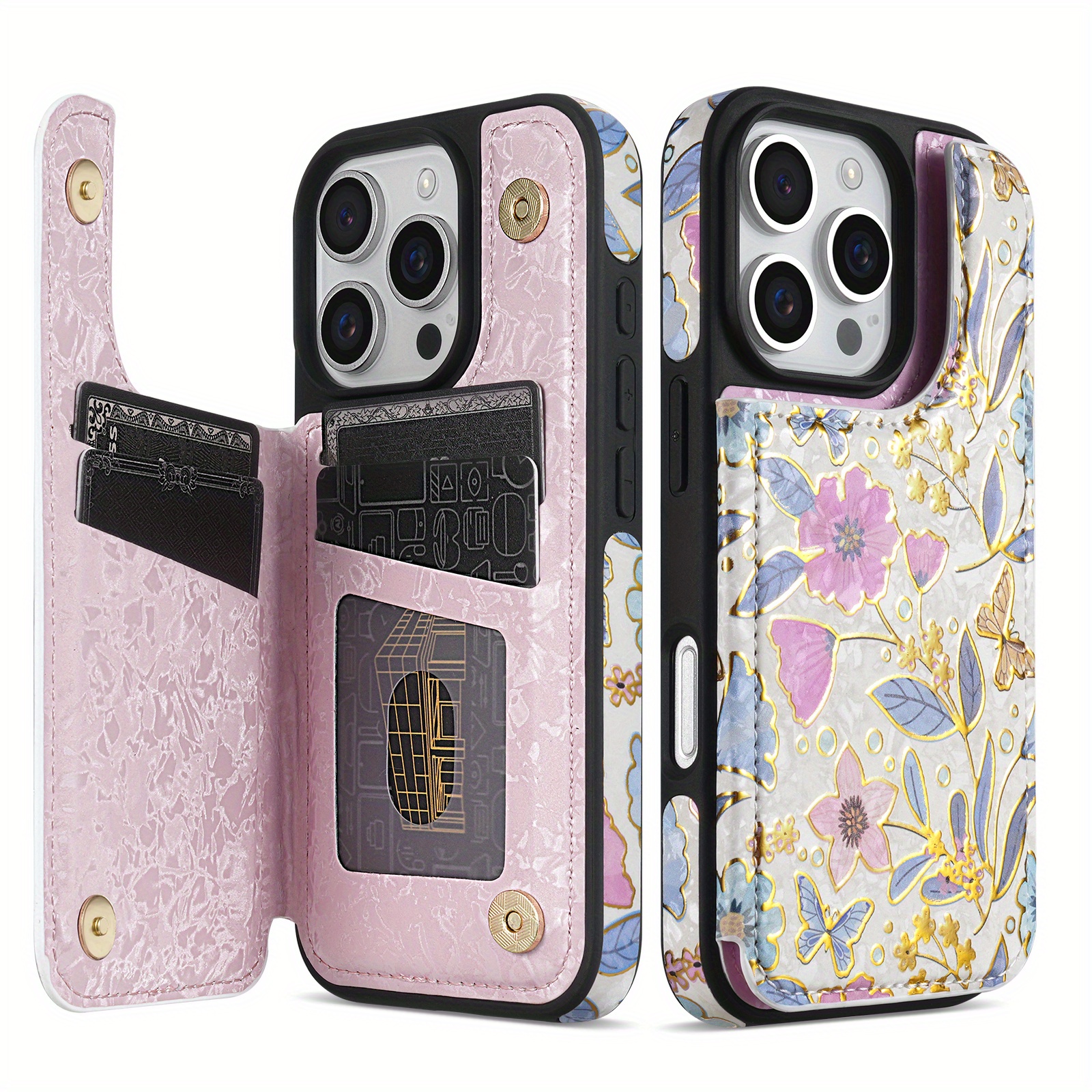 Luxury Wallet Foil Printed Embossing Hot Stamped Floral Pattern Double Buckle RFID Blocking With Card Slot Support Flip PU Artificial Leather Case Compatible With for iphone 16 Pro Max 15 Plus 14 Pro 13 Mini 12 11 XS MAX XR 7 8 SE2 SE3 Business Cover