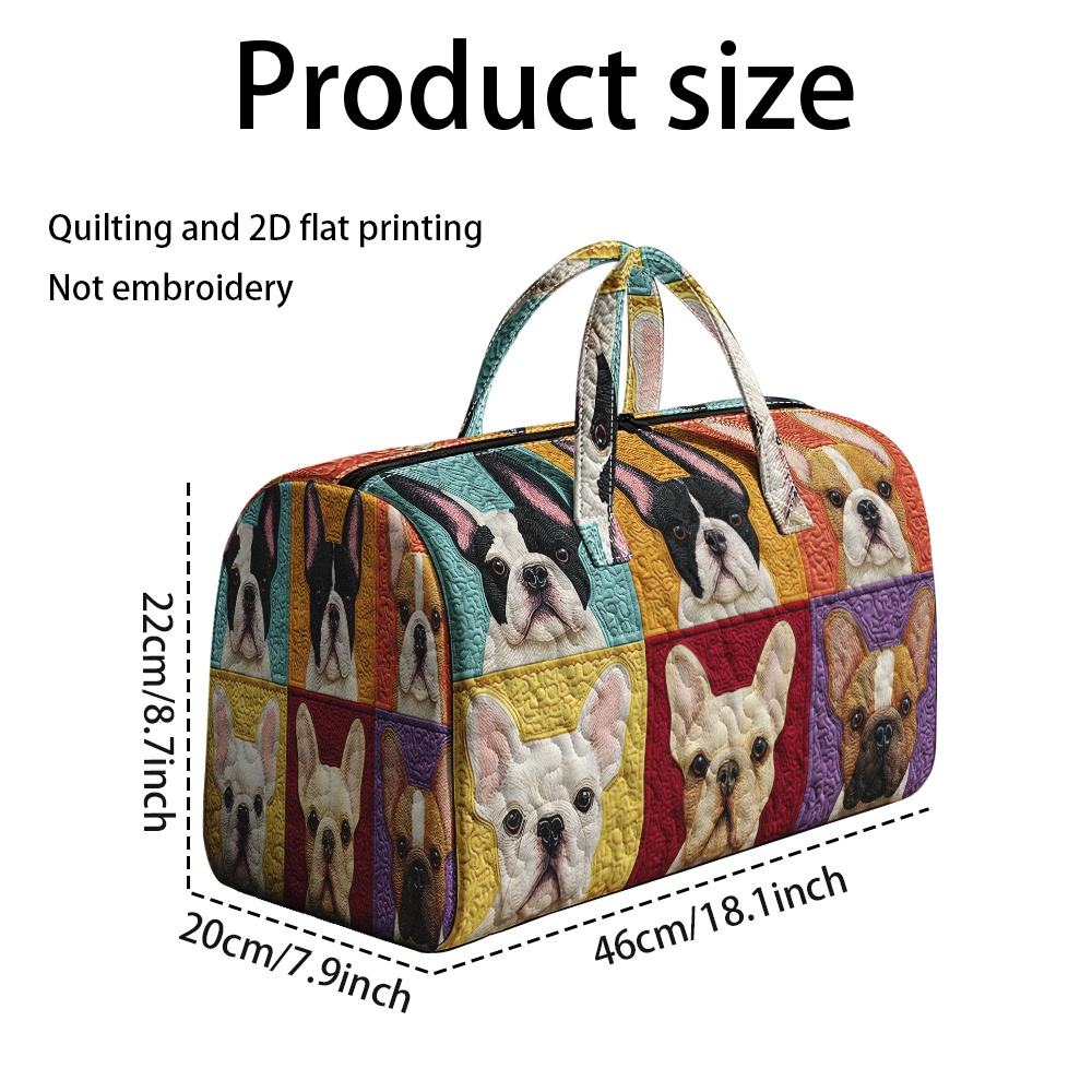 TEMU 2d Flat Printing And 1pc Colorful French Bulldog Faces Print Polyester Quilted Casual Travel Tote, Bag For Outdoor Trips And Storage