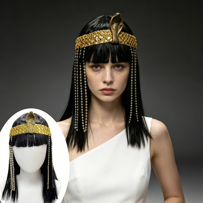 TEMU This Set Of Egyptian Queen-style Includes A Smooth Black Long Straight Fringe Wig And A Retro Snake-shaped Golden Headscarf, With Flowing Beads
