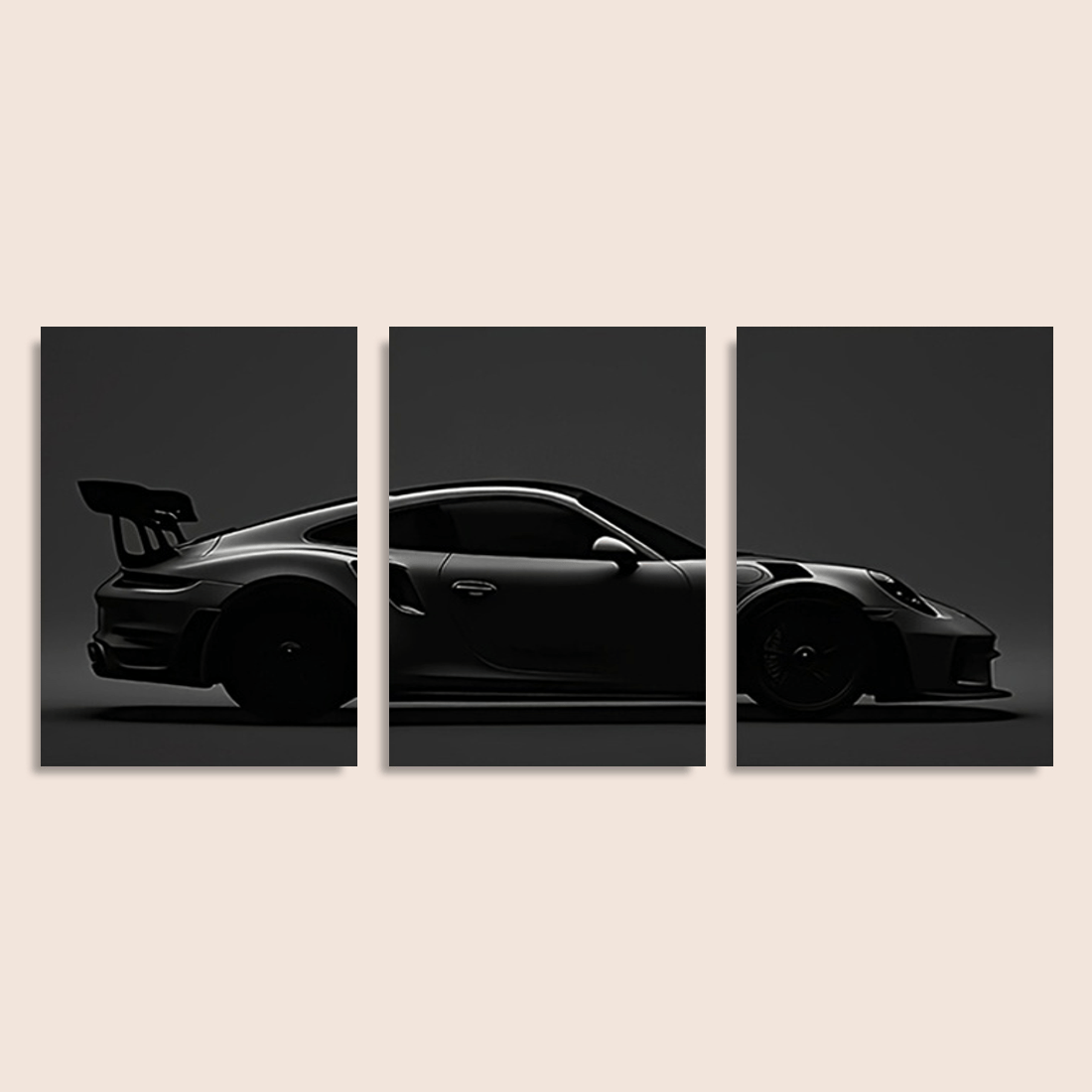 TEMU 2d Flat, 2d Flat Framed 3pcs Canvas Wall Art - Black Sports Car In Dark Monochrome Triptych, High-quality Spray Paint Vertical Wall Decor For