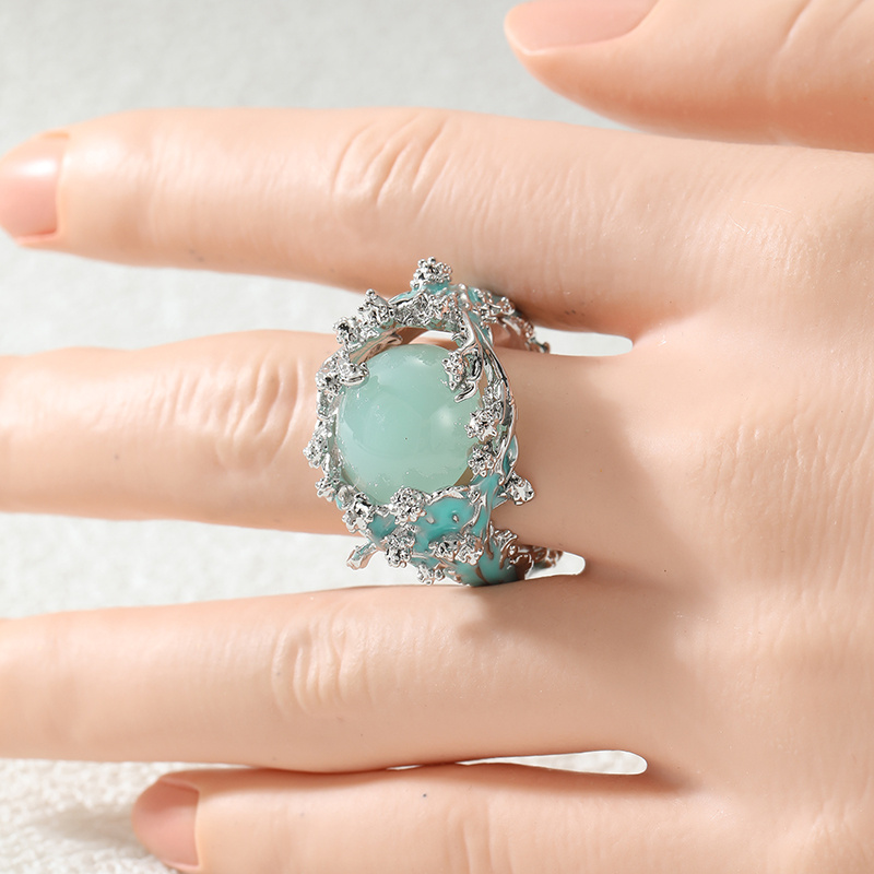 Women's Elegant Blue Glazed Coral Branch Ring with Green Bead