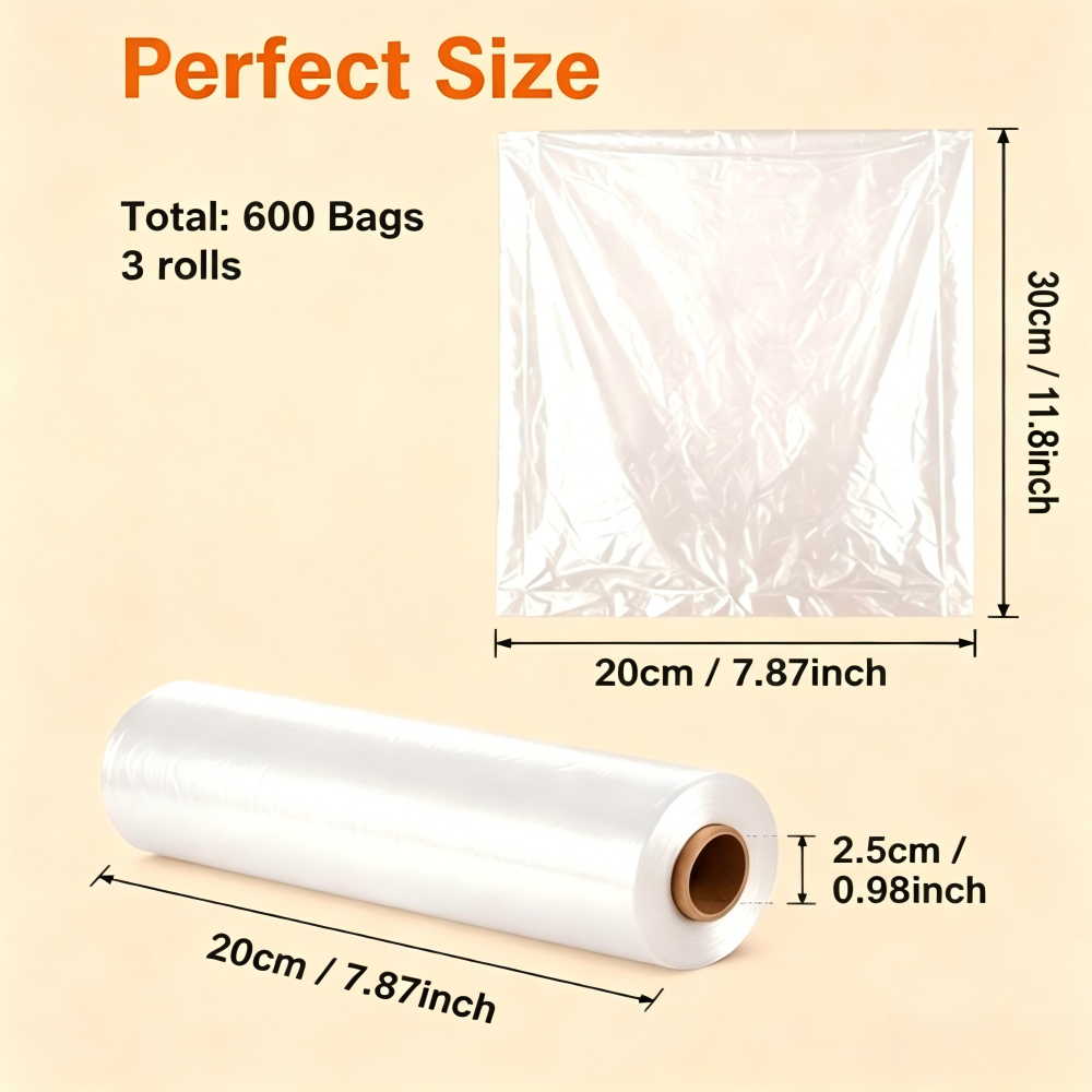 TEMU 3 Rolls/600pcs Transparent Food Grade Fresh-keeping Bags - Safety, Dustproof, Point-break Design Convenient Fresh-keeping Bags, 200pcs/roll