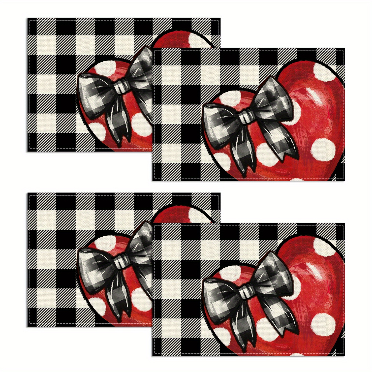 

4-pack Valentine's Day Placemats, 12x18 Inch, Polyester, Woven Rectangular Table Mats, Hand Wash Only, Rustic Vintage Black & Check With Red Heart & Design, Holiday Dining Decor