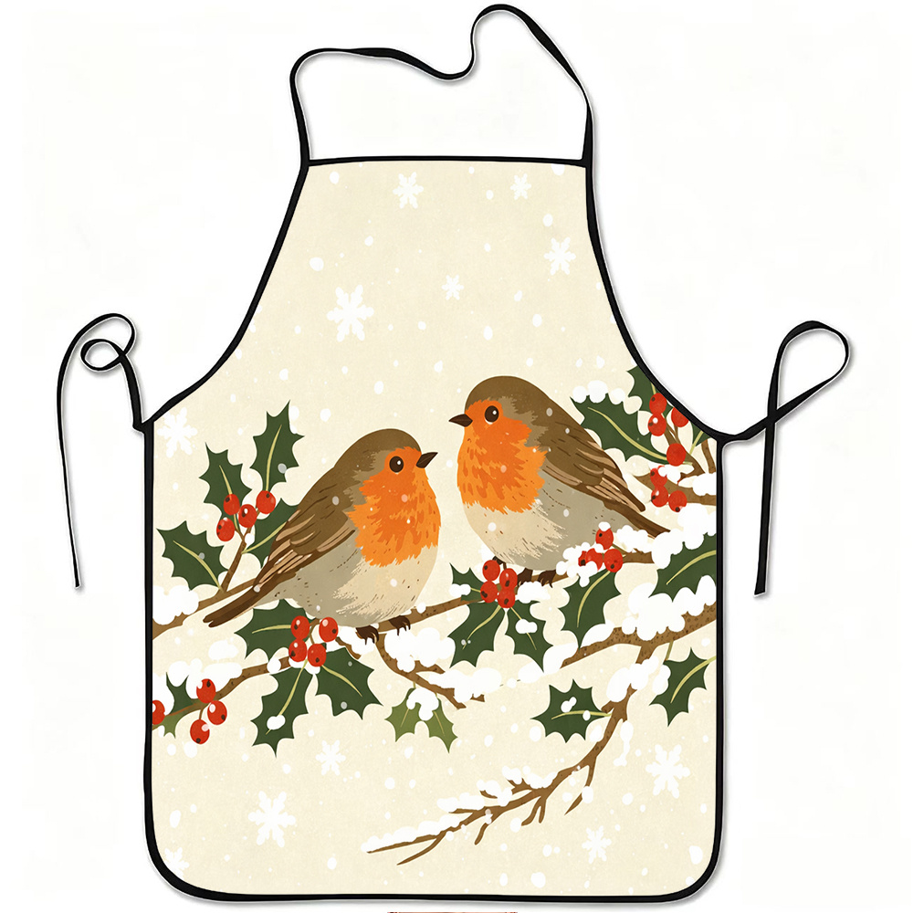 TEMU 1pc Winter Robins Holly Snow Design Apron, Sturdy And Easy To Clean, Adjustable Waist, Made Of Polyester, Suitable For Cooking, Gardening, Fruit