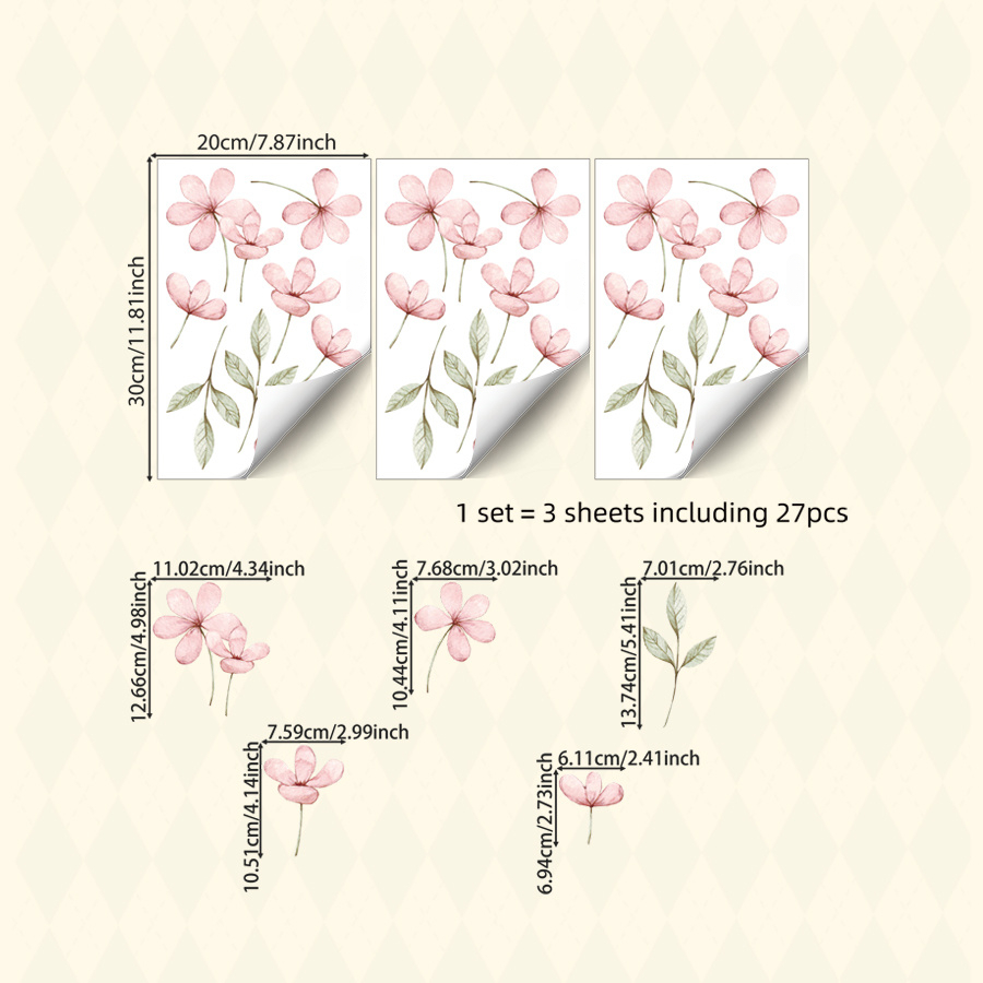 Image of 3pcs Pink Wall Stickers, Watercolor Style Flower Self-adhesive Wall Decals, Home Decoration, Suitable For Bedroom Living Room Kitchen Study Bathroom And Other Decoration