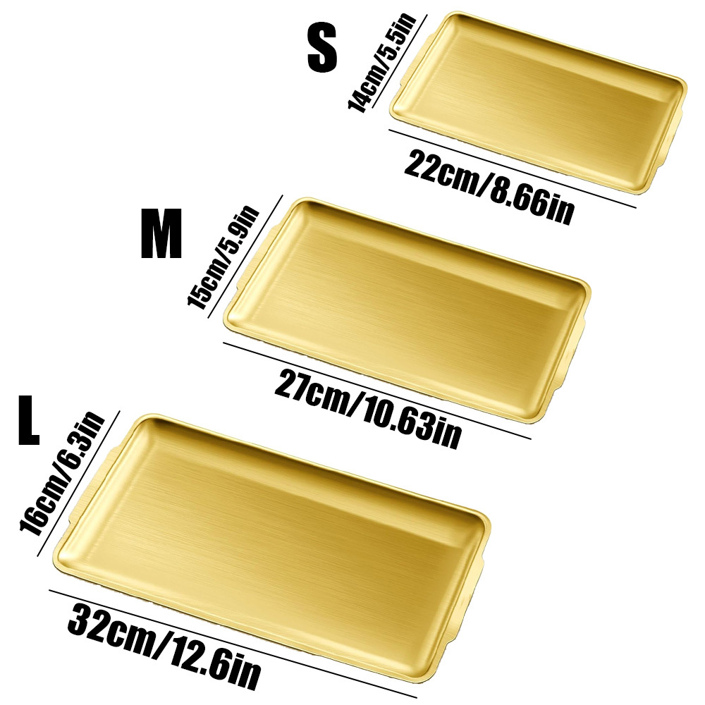 Image of 3pcs Stainless Steel Golden Platter , Rectangle Golden Serving Platter With Handle, Decorative Coffee Table Plate, Ottoman Dish For Party Food Dessert Bbq