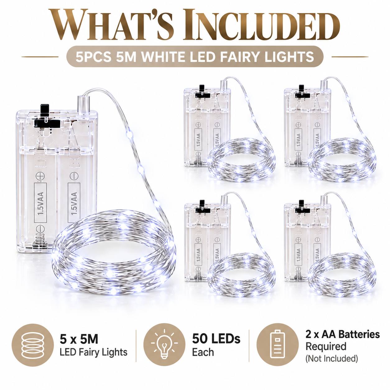 TEMU 5pcs Set: 5-meter Led String Lights (50 Bulbs), Battery-operated Flexible Silver Wire Decorative Lights; In Warm Yellow And Cool White, Suitable