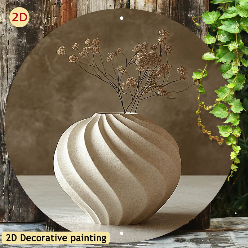 

1pc Elegant Vase Decorative Painting - 8x8" Round Aluminum Metal Wall Art, Uv & Resistant With Pre-drilled Holes - Home, Garden, & Door Decor | Ideal Holiday Gift, 2d, Room Decor