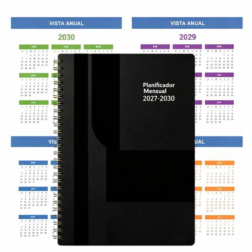 item picture 2027 2030 yearly planner 2027 to 2030 4 year planner in spanish black themed cover annual planner monthly tabbed 48 months use 5 5 x 8 3 inches thick paper elastic cover durable binding