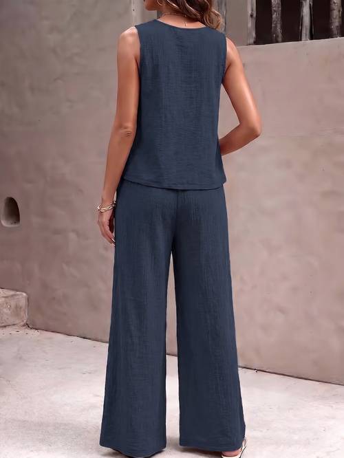 womens sleeveless top and wide leg pants casual set a summer casual set featuring a shoulder short sleeve top and wide leg pants suitable for lounging at home daily wear and vacations offering a relaxed