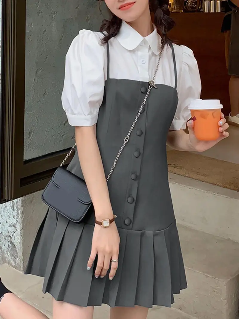 korean dress with shirt inside Summer Irregular Dress, Korean - Style Age - Reducing Design, Collar - Style Shirt Dress. - Women Dress and Fashion Dress price