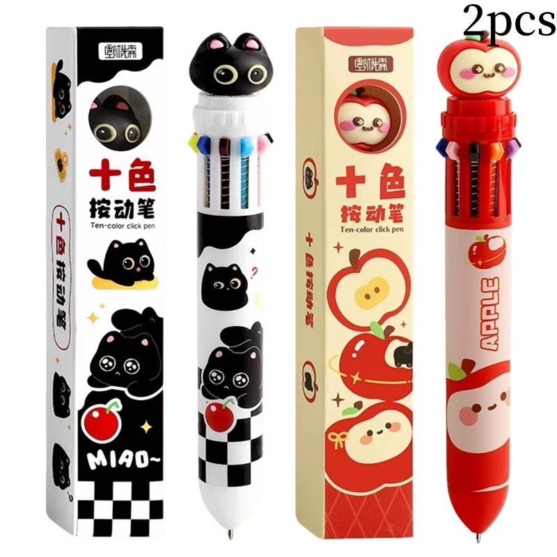 TEMU 2pcs Black Cat And Red Retractable Gel Pens, Ten Colors In One, Journaling Pens, Highlighting Markers, Exam Practice Pens, 0.5mm Tip, Back-to-,