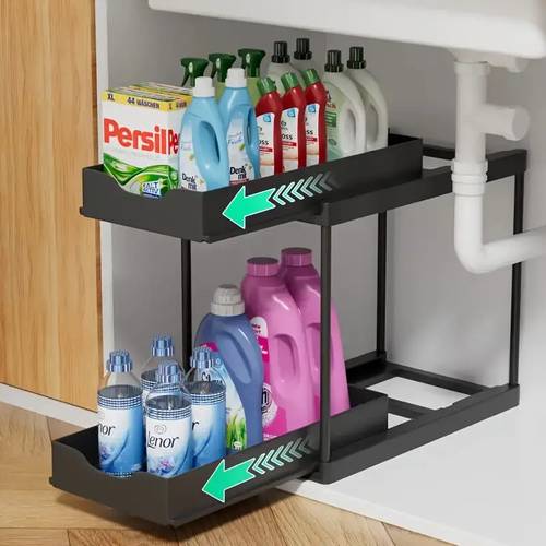 2-laags heavy-duty zwart/wit uittrekbare met schuiflades - metalen frame & plastic-compatibel organizer systeem, -glide ontwerp voor onder de gootsteen, voorraadkast, wasruimte - ruimtebesparende stellingkast ( gereedschap ) voor