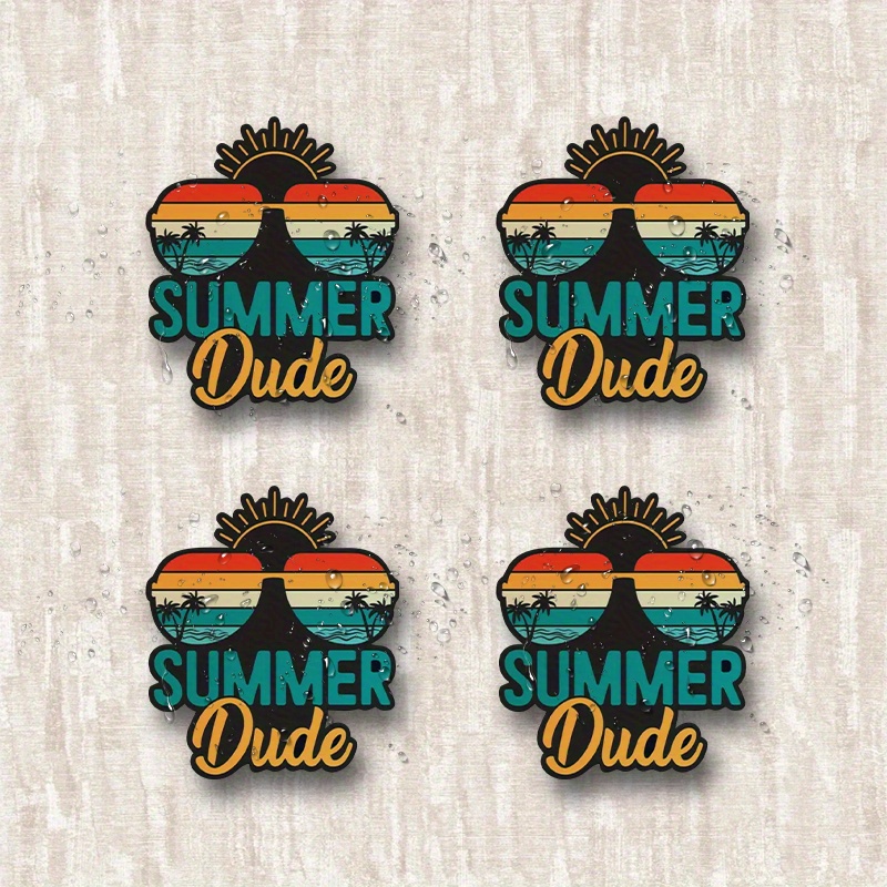 4pcs Summer   Waterproof Vinyl Decals - Vibrant Cartoon Design with Palm Trees & Sunset, Self-    for Laptops, Helmets, Windows & Scooters, Durable Outdoor-Themed Stickers, Scooter Decals,   Design, Easy Application, Vehicle Decals, Fun Accessory, Helmet Decal, Funloving  
