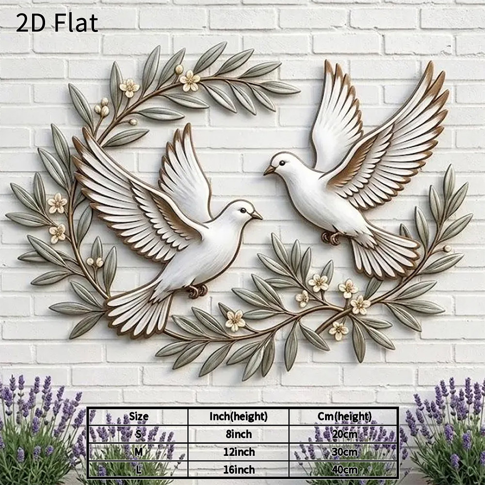 TEMU 2d Flat, 2d Flat 1pc Metal Wall Art Flying Doves With Olive Branches Rustic Metal Decor Ornament For Wedding Anniversary Valentine Day Living