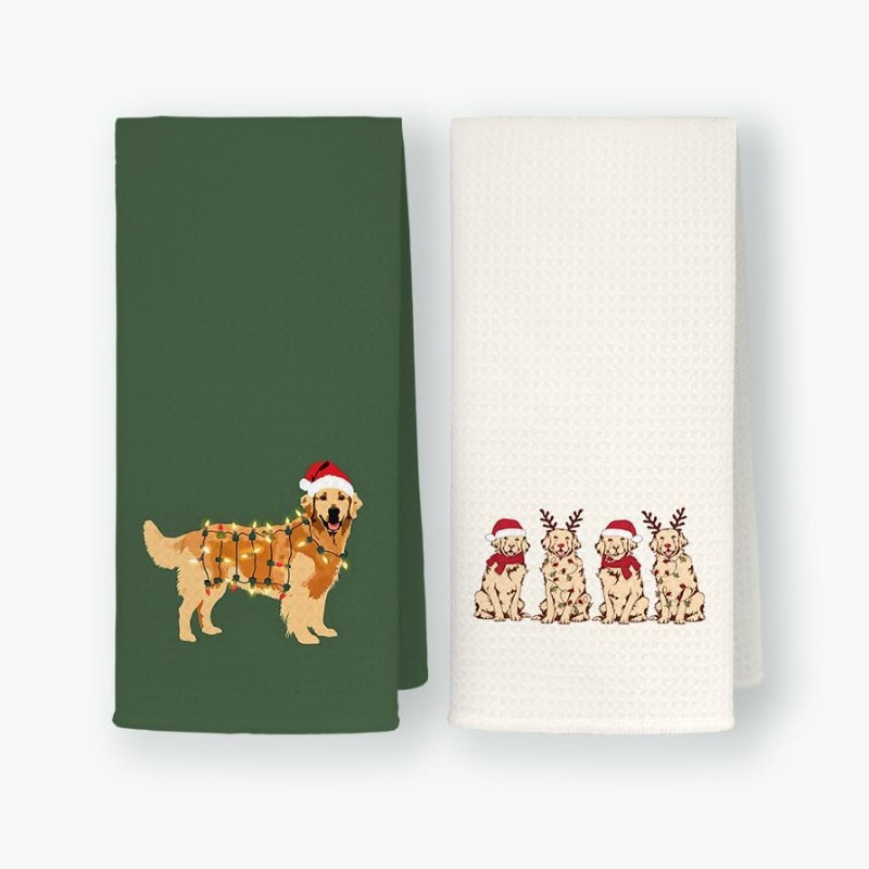 

2pcs Christmas Golden Retriever Kitchen Towels - 18x26 Inch, Polyester, Machine Washable, Dog Lovers & Holiday Decor, Christmas Red Hat, Dishcloths, Bathroom Towels, , Square Shape