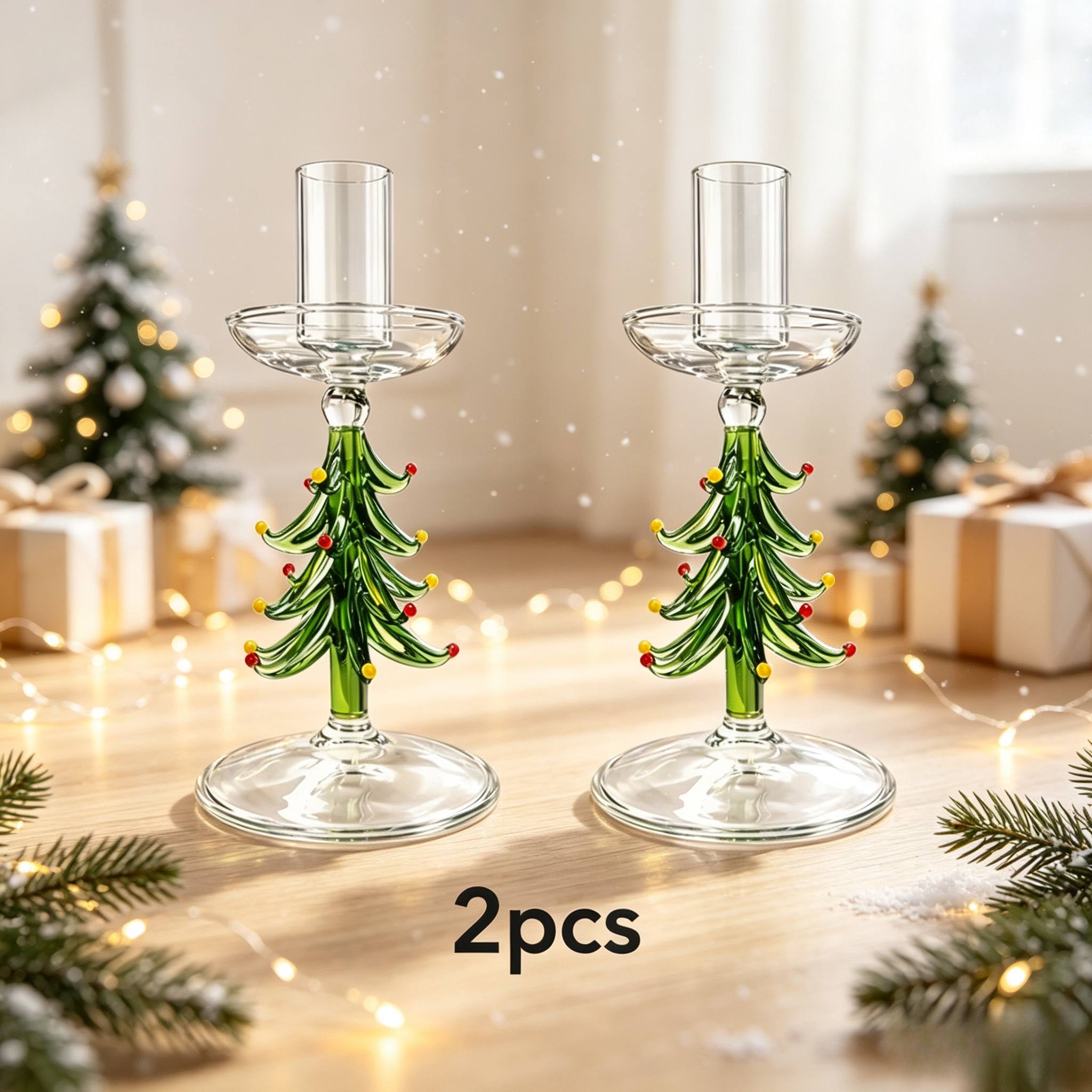 TEMU 2pcs Christmas Tree Glass Candlesticks, Transparent Glass With , Suitable For Candles With Diameter Less Than Inches, Holiday Table Decorations