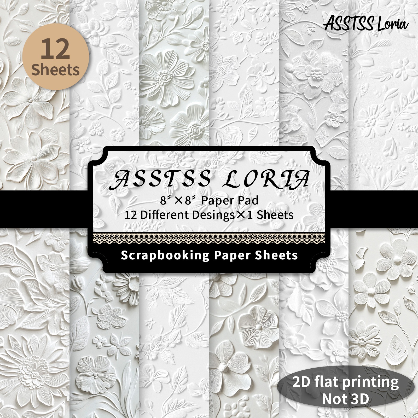 TEMU Lot de 12 feuilles de papier scrapbooking ASSTSS Loria 8 X 8 pouces, papier de support blanc avec fleurs pressées / papier de , papier cartonné