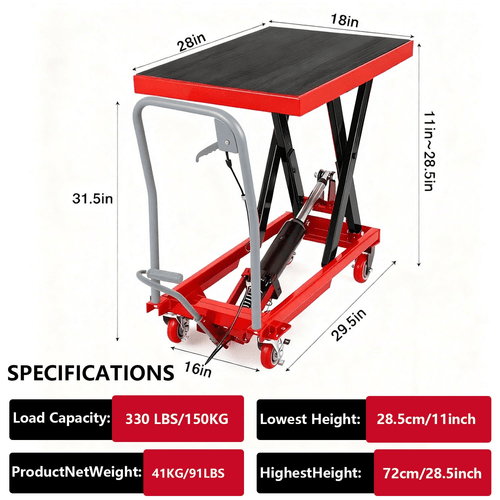 manual hydraulic lift cart heavy duty 500 capacity scissor lift table with locking platform non slip surface swivel locking casters suitable for factory material handling lift cart for workbenches use