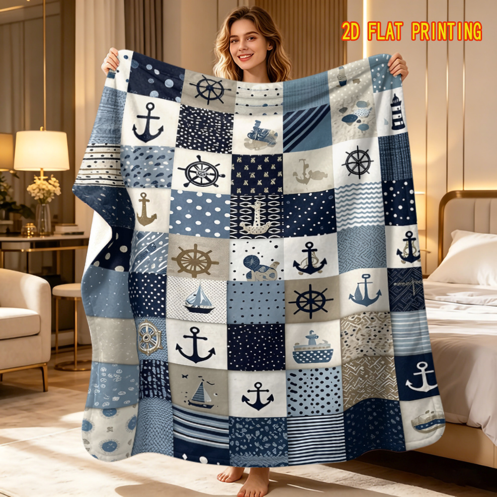 TEMU 1pc Blue White Nautical Flannel Blanket. 2d High Definition Print Anchor Sailboat Lighthouse Wave Polka Dot. For Sofa Living Room Camping. Great