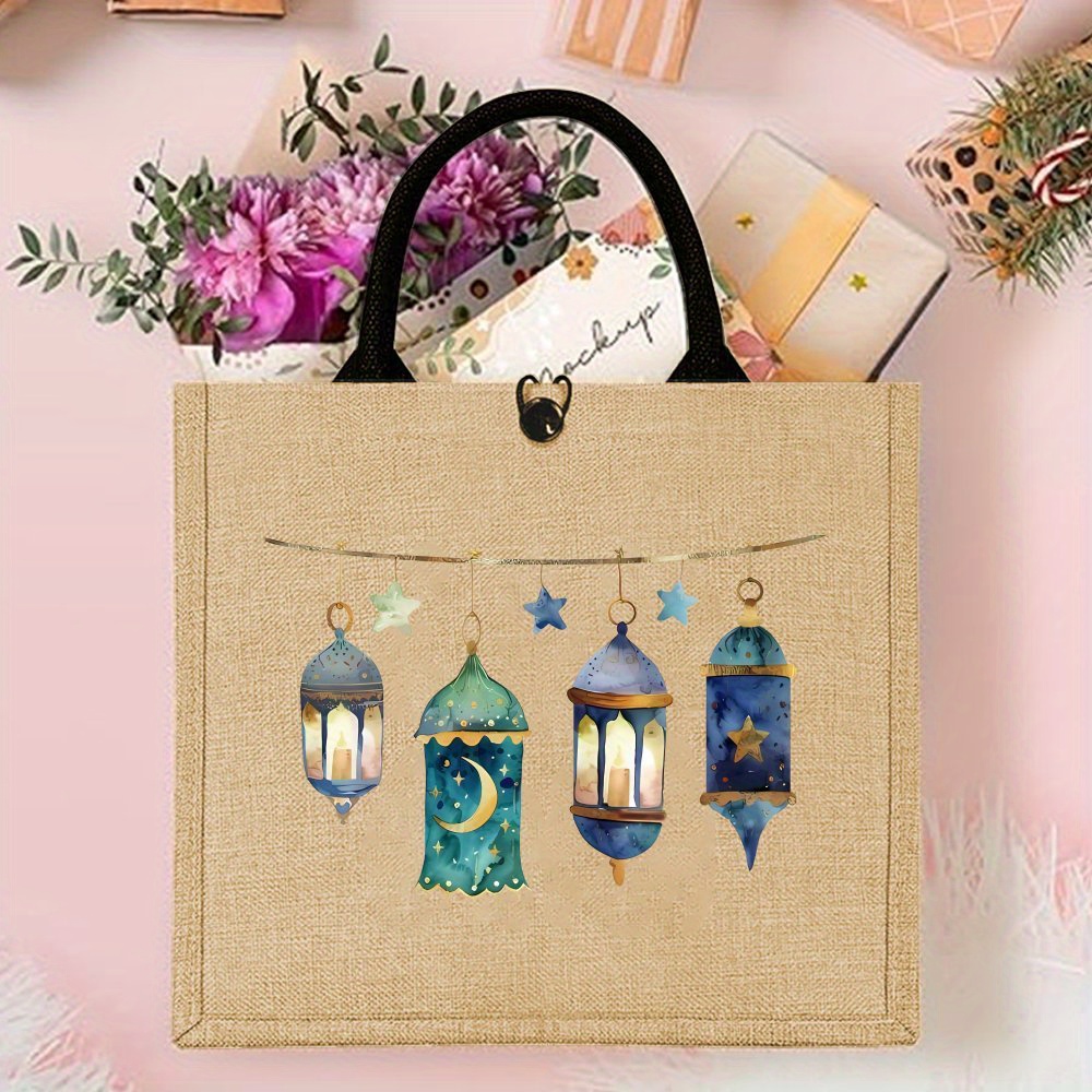 TEMU Sac fourre-tout esthétique en jute, parfait pour du Ramadan. Ce grand sac à main est d'un imprimé lanterne et est élégant et durable, idéal pour