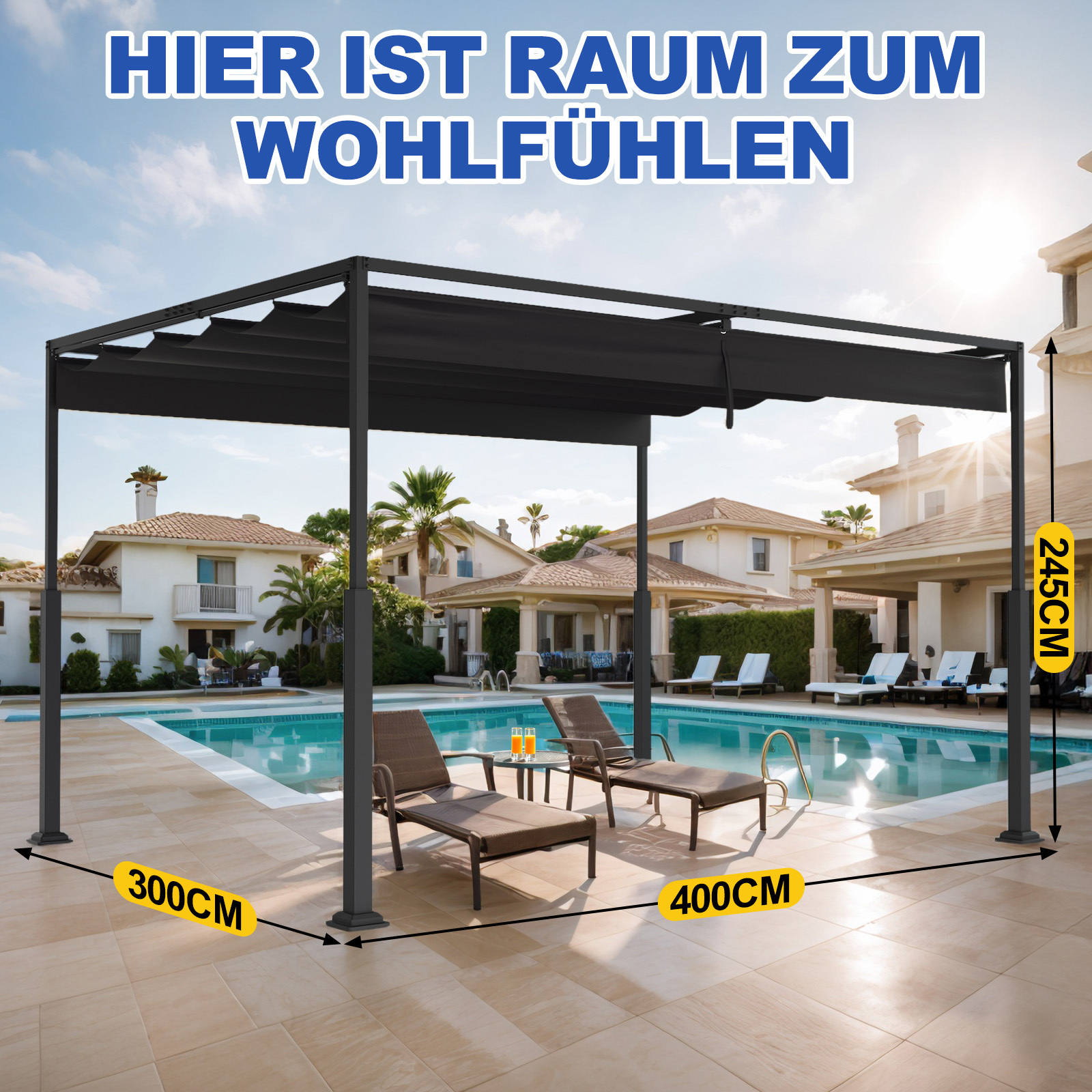 Aweioo Pergola Outdoor Gazebo Sturdy Gazebo With And Sliding Roof, 3x3/4m Gazebo With Uv Protection Retractable Wave Roof For Beach, Lawn, Party Tents