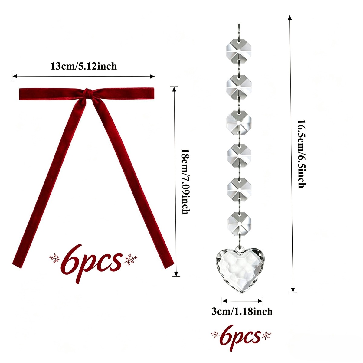 TEMU Piatto 2D, 12 pz Ornamenti Natalizi a Forma di Cuore con Cristalli e Fiocchi di Borgogna, Inclusi 6 Fiocchi di Velluto e 6 Ornamenti di a Forma