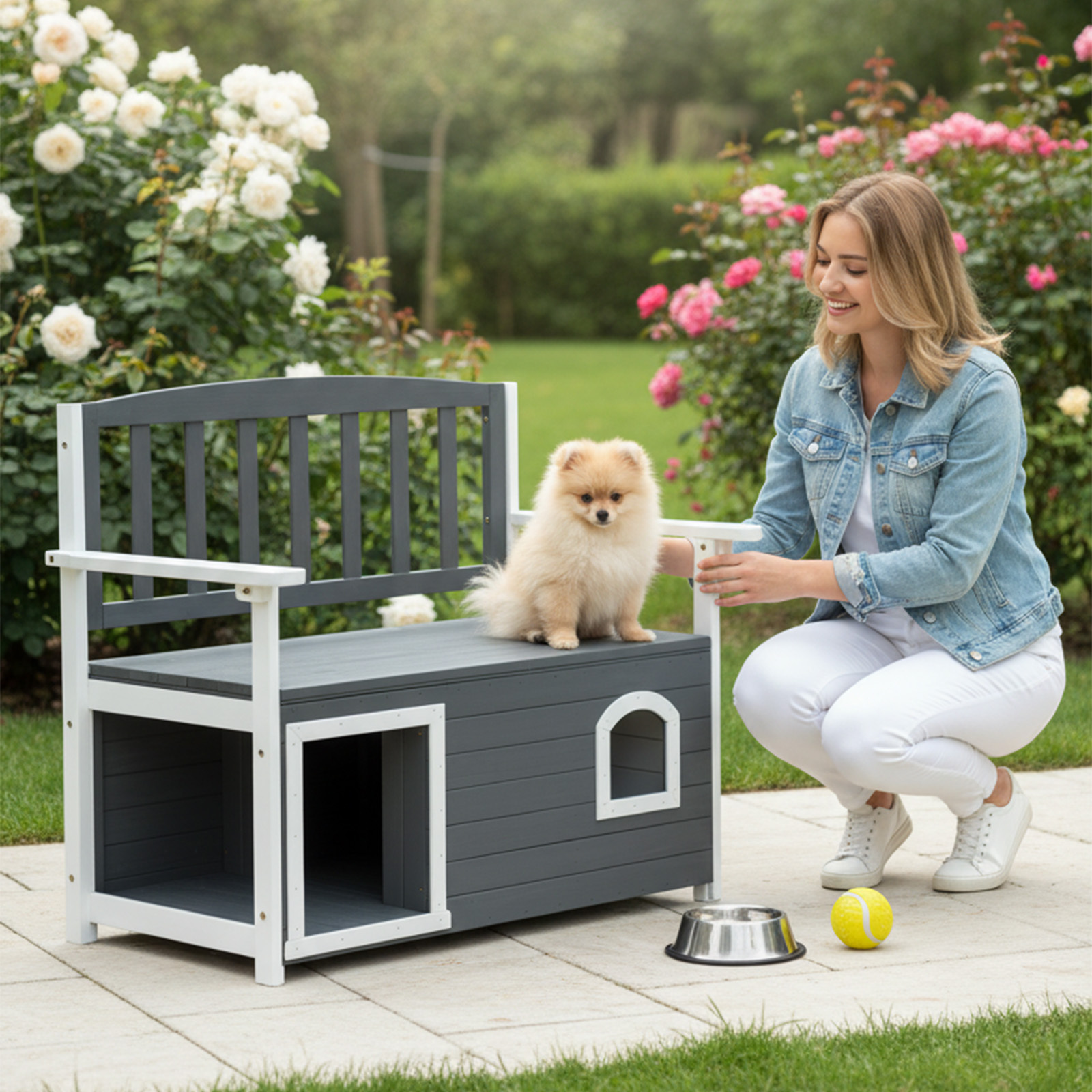 Wooden Bench for Outdoors, Versatile Garden Furniture with Dog Shelter and Storage Area, Ideal for Patios, Yards, and Verandas