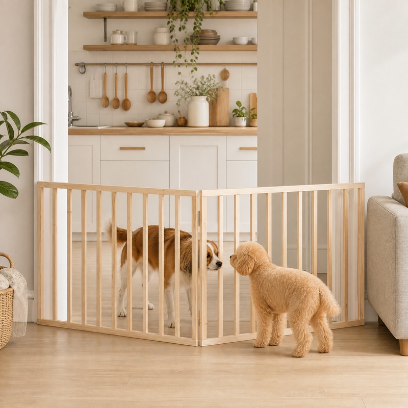 Pet Door & Stair Safety Gate, Indoor Pet Barrier, Stair Safety Fence, Dog Gate Foldable 2 Panels 160cm Wood