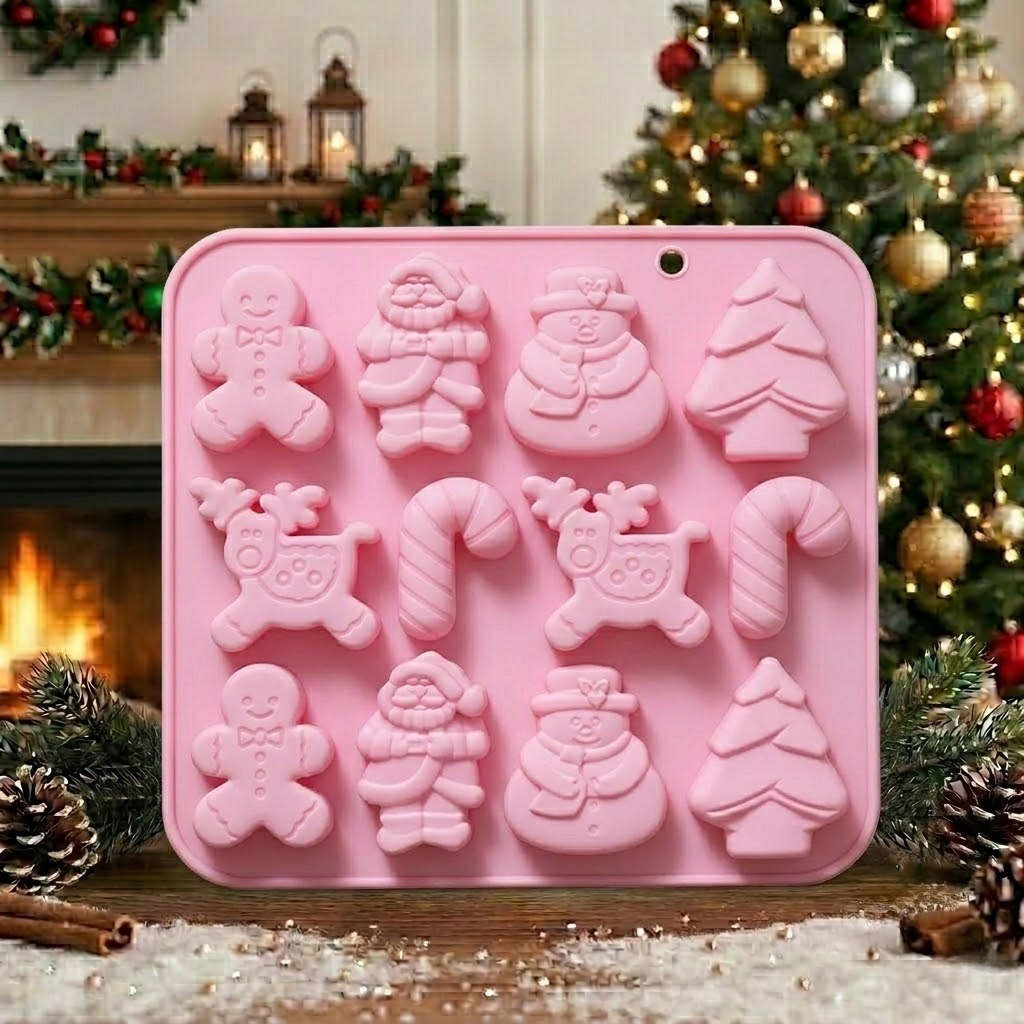 TEMU 12 Cavity Santa Claus Snowman Reindeer Gingerbread For Man Cane Christmas Theme Shapes Set Silicone Mold Set Silicone Molds For Wax Candles &