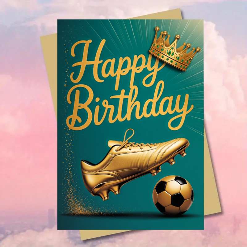 E-shop 1 Stück Fußball-Geburtstagskarte für Fußballfans – Goldene Fußballschuhe & Krone mit „Alles Gute zum Geburtstag“-Text – Fußball-Dekoration für