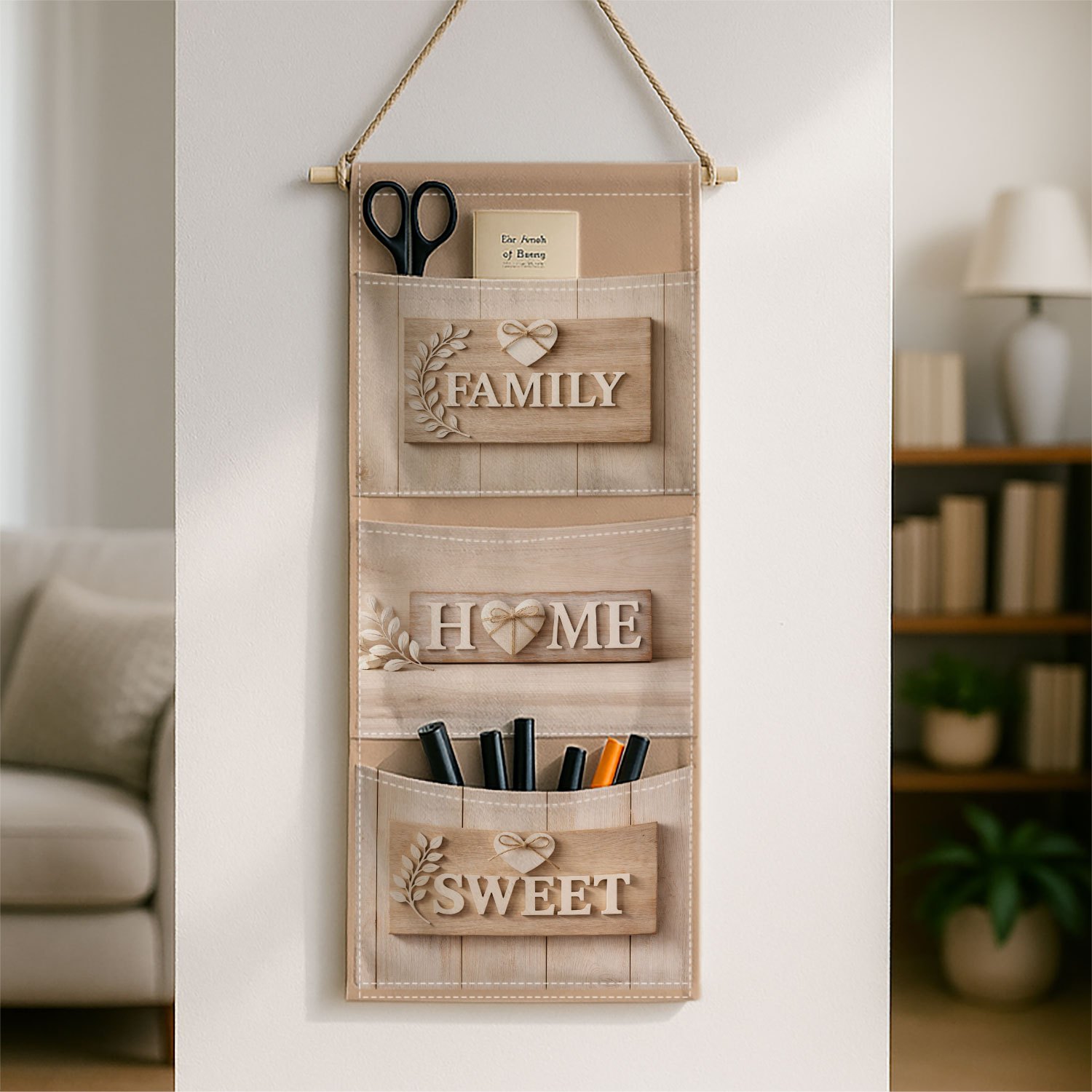 E-shop Rustikale Typografie Bauernhaus Wandbehang Aufbewahrungstasche - Mehrstöckige Hängeaufbewahrungstasche mit süßen Familienmottos, platzsparende