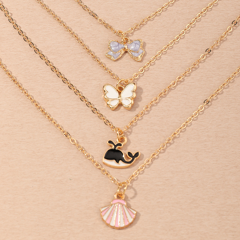 4pcs Cartoon Whale & Seashell Pendant Necklace Set for Girls