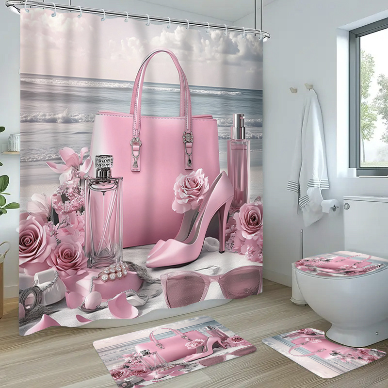 Valentine's Day Bath Shower Curtain Set with Hooks & Mats