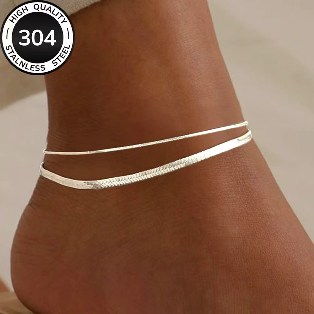 TEMU 2pcs Anklet Set, High-quality Stainless Steel Golden Anklets, Fade-resistant, Simple And Elegant, Fashionable Anklets For Women Suitable For