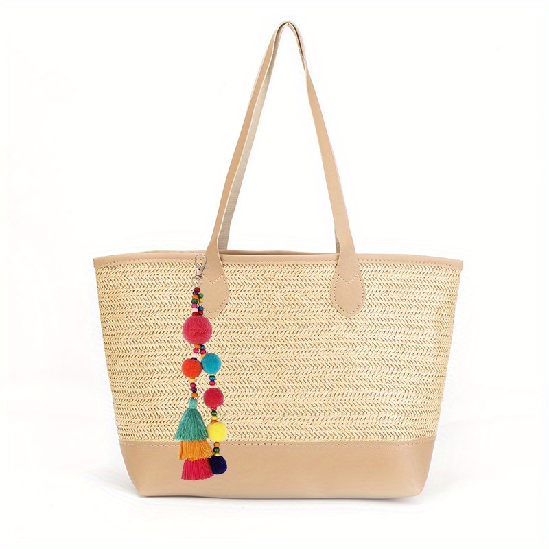 Large Straw Beach Bag and Floppy Sun Hat Set with Rattan Earrings 6pcs set women straw beach bag wide brim floppy sun hats - Temu main image 2