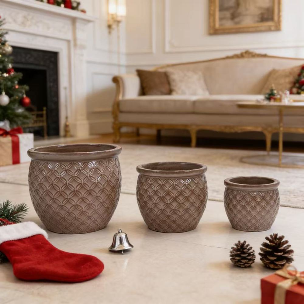 Handmade Ceramic Flower Pot Set, 3pcs (Diameters 38.5/30.5/23Cm), Light Beige, Decorated with Coin-Pattern Relief, Breathable, Frost-Resistant, with Drainage Holes at The Bottom, Suitable for Gardens And Balconies. gardening gift home decor