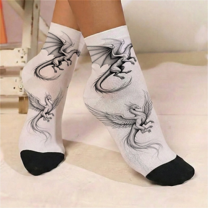 TEMU 1 Pair Women's Thin Short Socks With Dragon And Phoenix Fantasy Print Design, Versatile Casual And Formal Wear