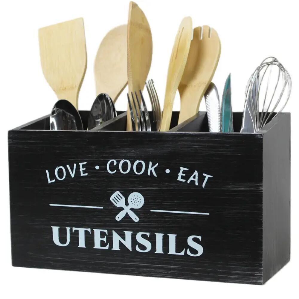 TEMU 1pc Wooden Utensil Storage Boxes, Suitable For Household Utensil Storage And Kitchen, Fashionable Home Decoration Kitchen Storage For Catering,