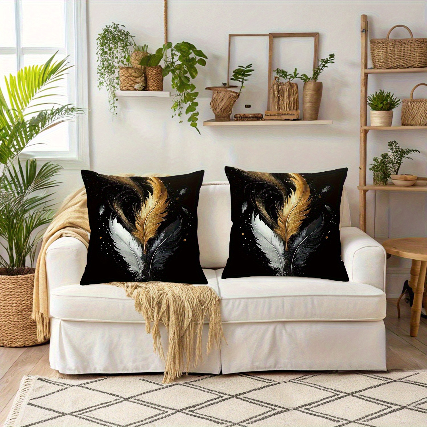 TEMU 2pcs Set, With Ornate Feather Pattern; Light Luxury Artistic Style Pillowcase, Soft, Comfortable, And Polyester Short Plush Fabric, Single-sided