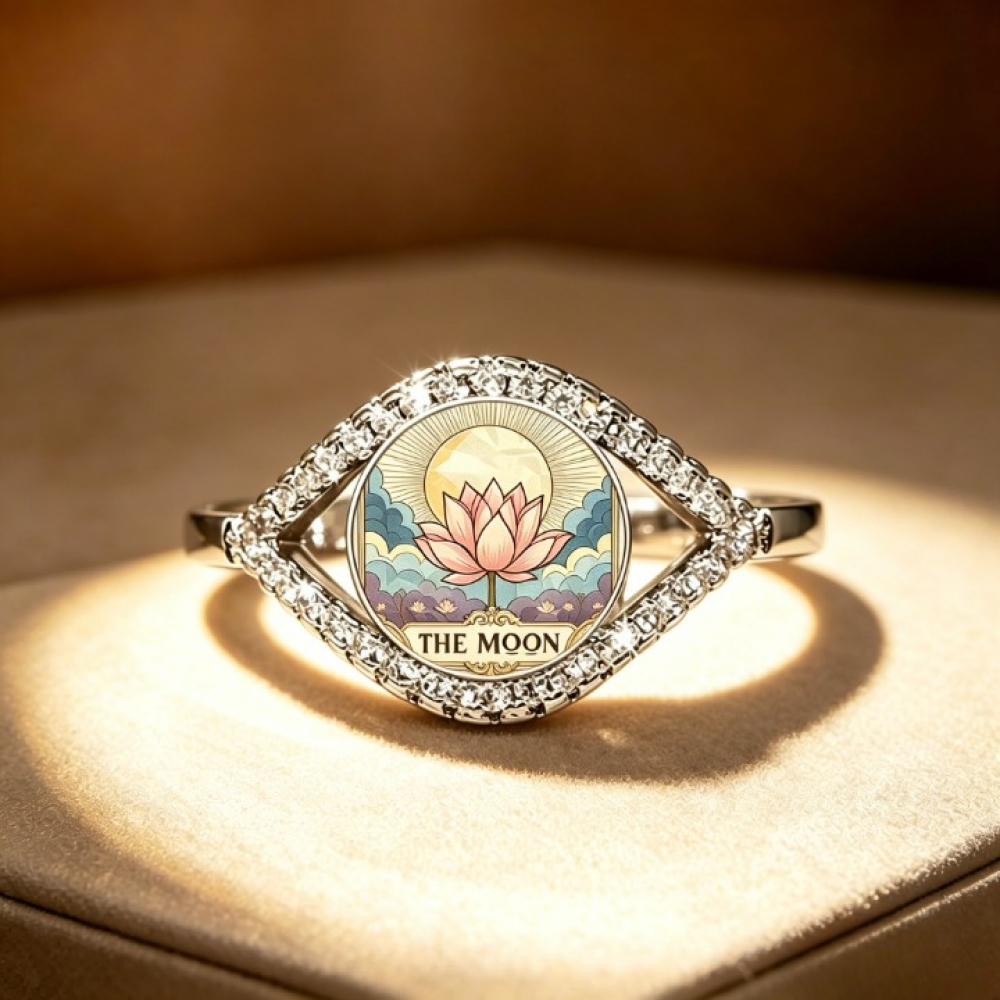 Women's Retro Style Pink Lotus Moon Ring, Hypoallergenic