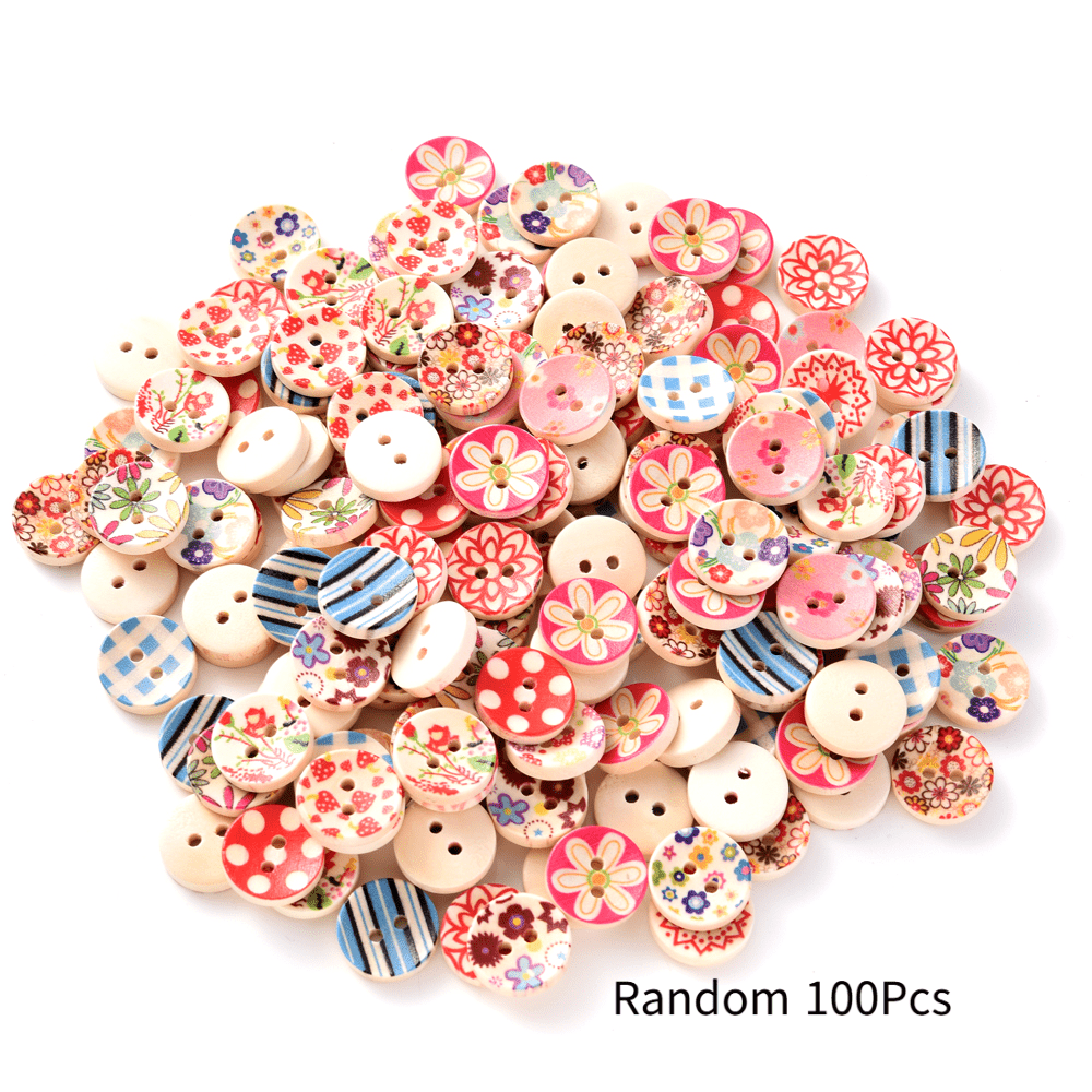 100pcs 15mm Countryside Pastoral Fresh Wooden Buttons, Random Mixed Floral Plaid Prints, Suitable For Projects, Craft Essentials | Country Charm Buttons | Handmade Buttons, Sewing Supplies Additions