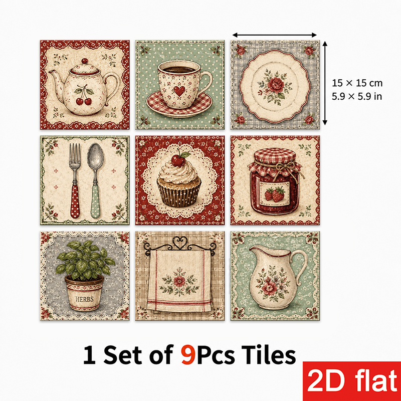 TEMU 2d Flat 9pcs 15x15cm (5.9x5.9in) Slate Tile Stickers Elite: Peel And Stick Wall Tiles With Vintage Floral Slate Pattern Featuring Teapots,