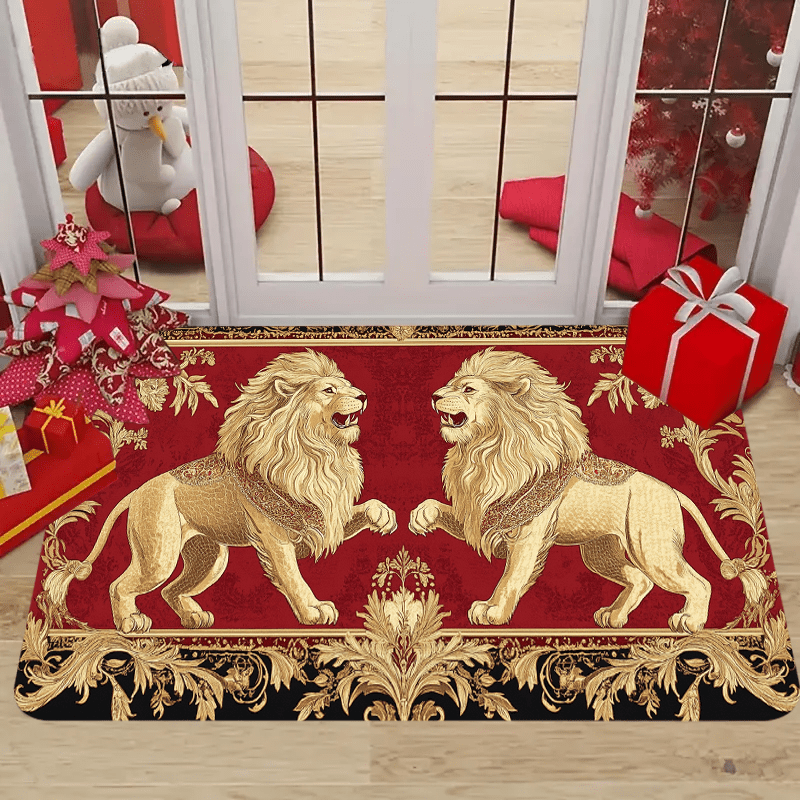 

Tapis Imprimé Élégant de Lions - Rouge & Doré, Bordure Intricatée pour la Décoration de | Tapis en Polyester Lavable en Machine, Décoration de Noël, Idéal pour Noël