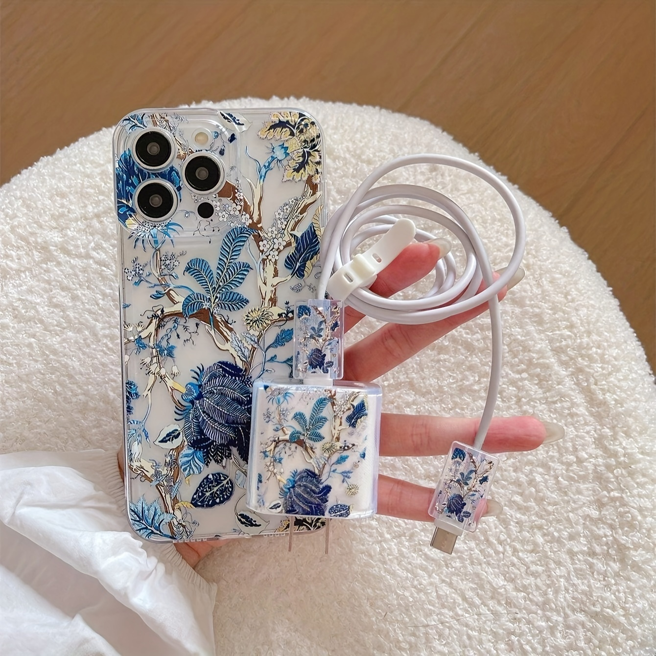 TEMU Phone Case - C1526 5pcs Retro Plant And Flower Pattern Phone Case + Charging Head Protective Cover + Cable Protector + Storage Strap, Suitable