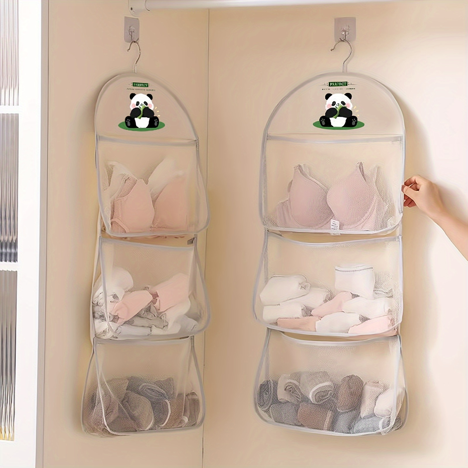 1 pack panda design hanging mesh organizer breathable polyester underwear socks storage with multiple compartments space saving wall or door hanging organizer for closet bathroom bedroom kitchen bathroom storage organizer clear compartments underwear drawer organizer Product details 3